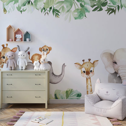 Kids-Mundo safari animals wall mural in a playroom with a soft rug and open toy shelving.