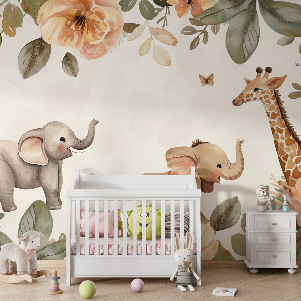 Floral safari wallpaper creating peaceful atmosphere in baby bedroom with natural decor