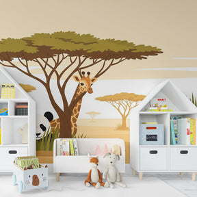 Safari themed mural wallpaper transforming baby room with soft beige and green savanna design