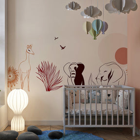 Elegant safari wallpaper featuring gentle wildlife in children's bedroom setting