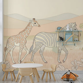 Giraffe and zebra savanna wallpaper creating calm atmosphere in children's bedroom decor