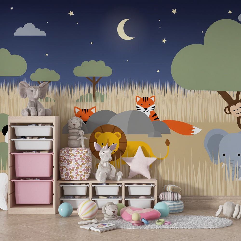 Night safari wallpaper creating magical atmosphere in children's bedroom with gentle animals