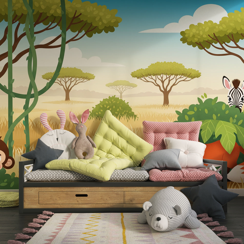 Playful safari themed mural wallpaper creating adventure atmosphere in kids bedroom