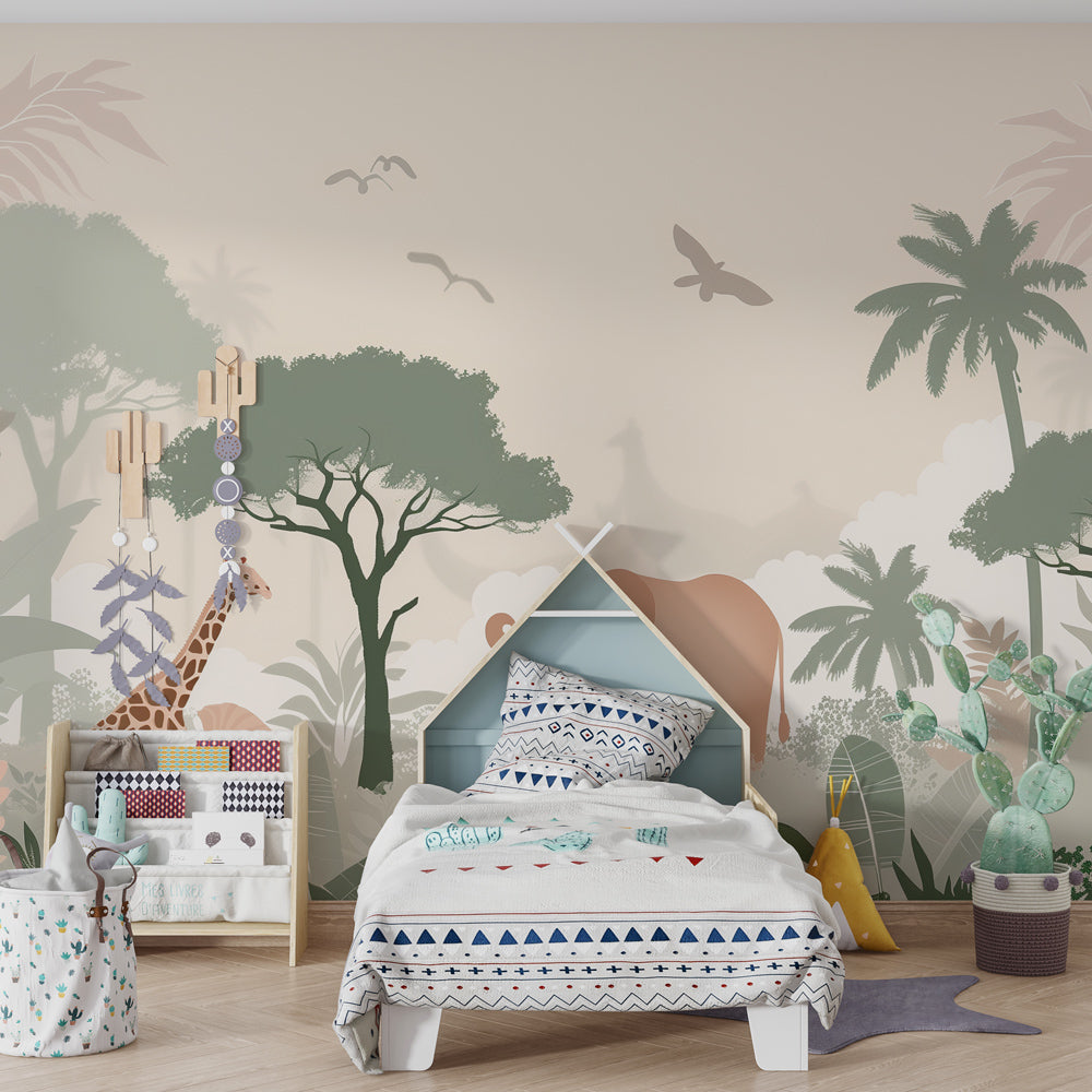 Soft pastel safari wallpaper creating peaceful children's bedroom decor with gentle wildlife