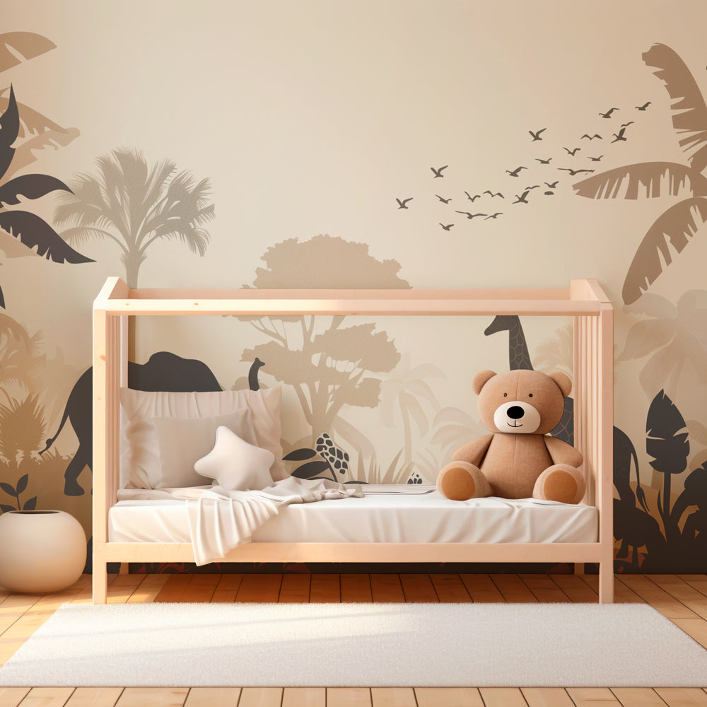 Exotic safari wallpaper creating adventurous kids bedroom decor with animal silhouettes