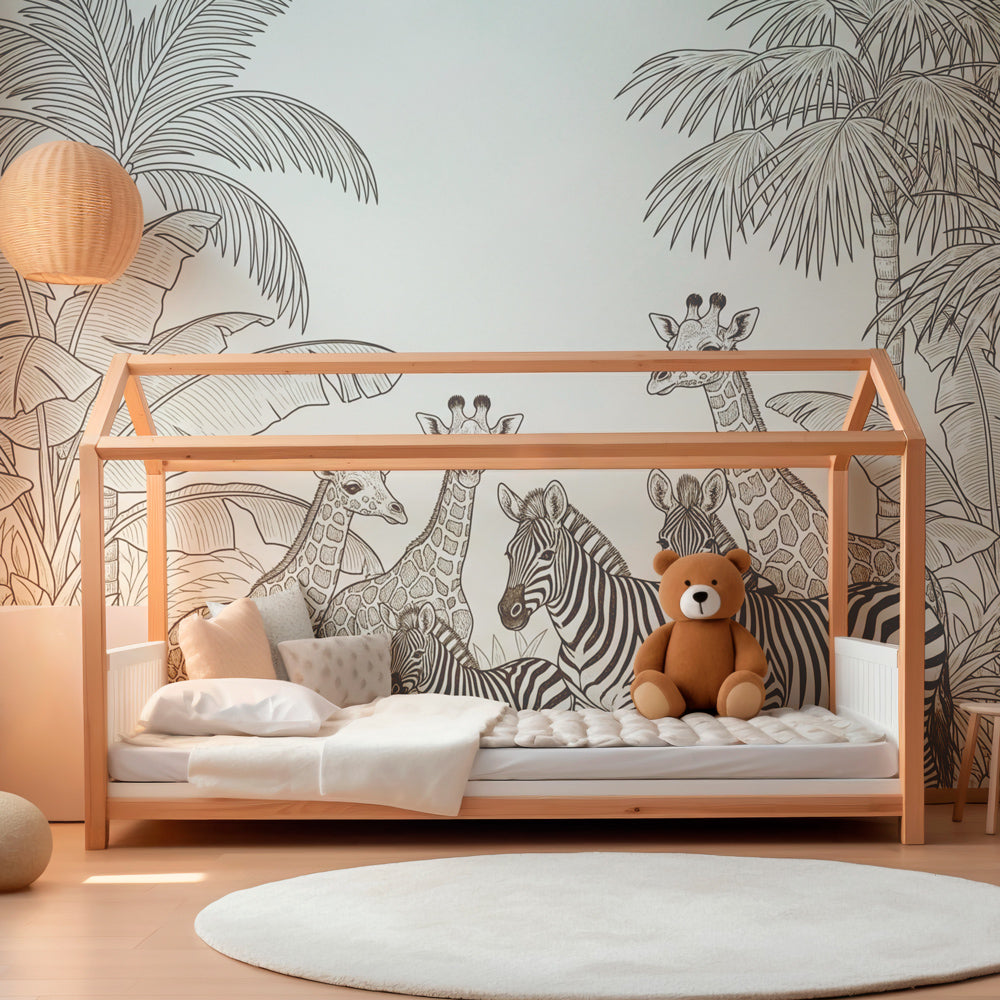 Giraffe and zebra jungle wallpaper creating adventurous kids bedroom decor with natural tones