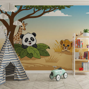 Savanna adventure wallpaper transforming kids bedroom with warm earth tones and playful animals