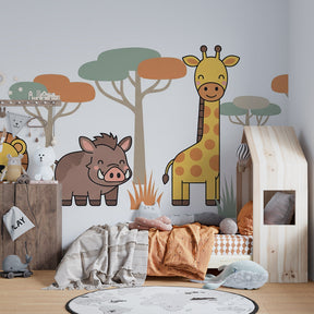 Cute savanna animals wallpaper creating magical kids bedroom decor with pastel colors