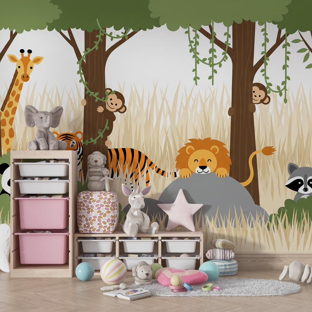 Jungle animals wallpaper creating adventurous atmosphere in children's bedroom decor
