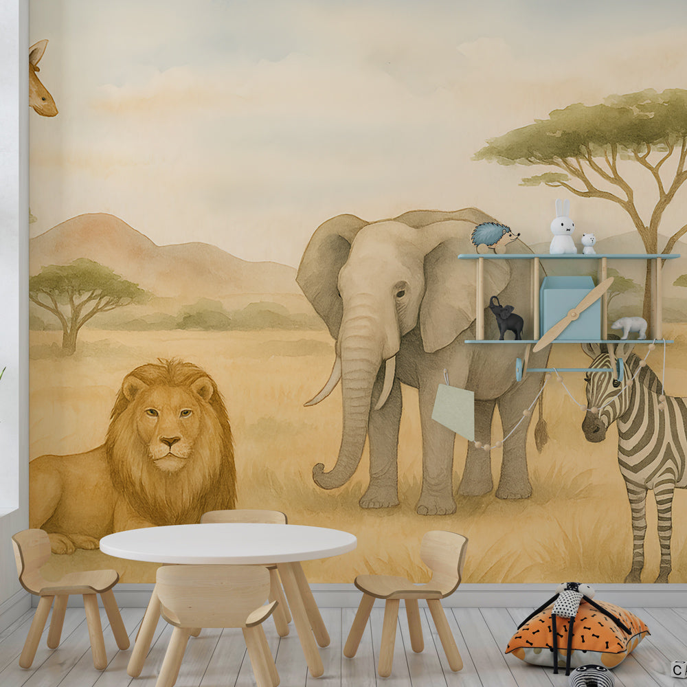 Majestic savanna wildlife wallpaper creating adventure-themed kids bedroom decor