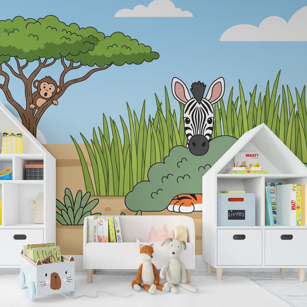 Savannah theme wallpaper creating adventurous kids bedroom decor with natural colors