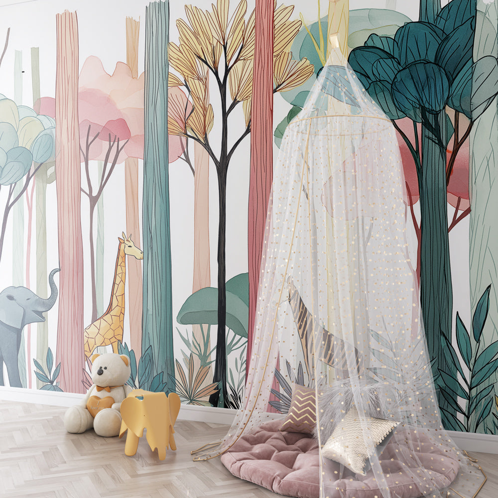 Colorful forest safari wallpaper creating adventure theme in children's bedroom decor