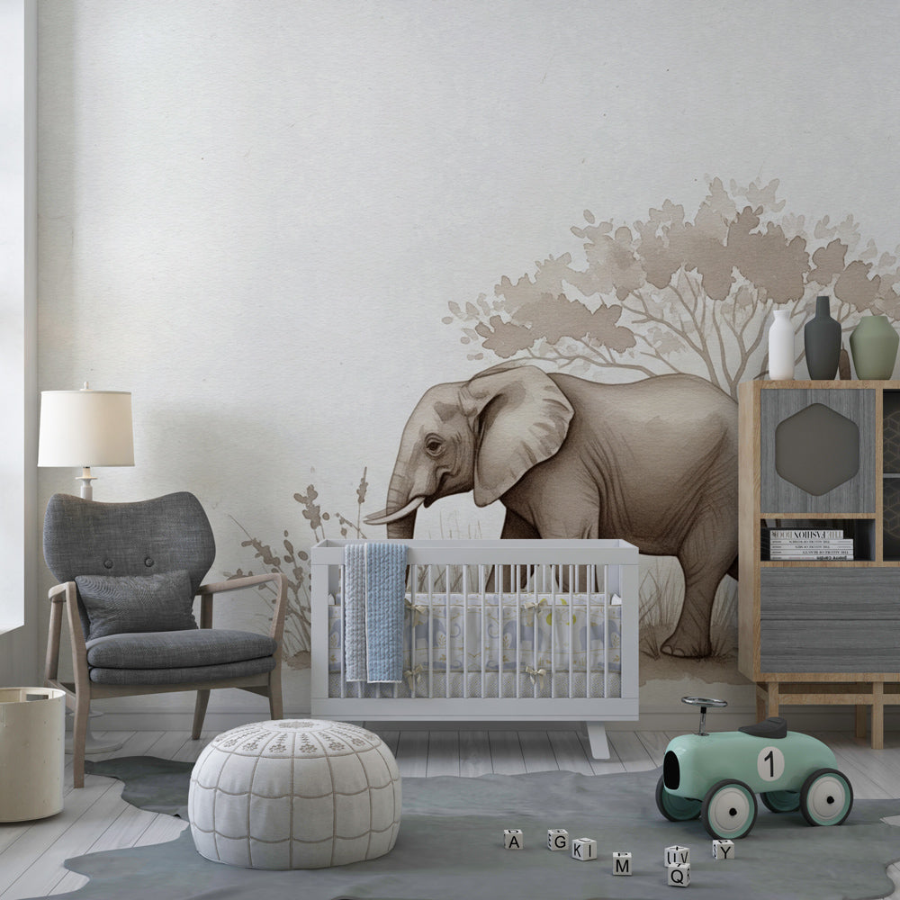 Gentle safari wallpaper creating peaceful children's bedroom with elephant and zebra design