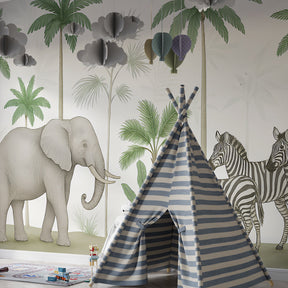 Jungle themed elephant and zebra wallpaper creating adventure atmosphere in kids bedroom
