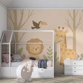 Gentle savanna wallpaper creating peaceful kids bedroom decor with natural wood furniture