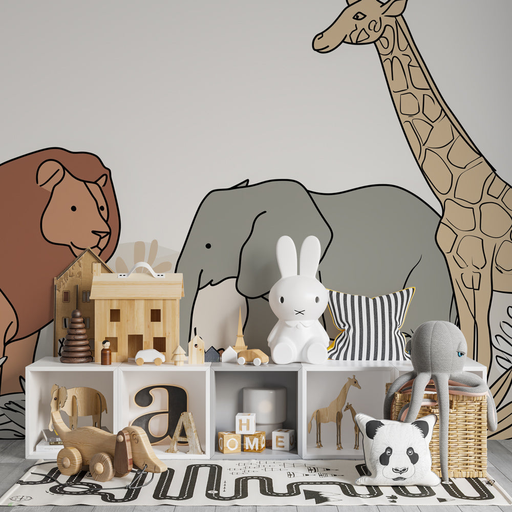 Safari themed mural wallpaper creating adventurous kids bedroom decor with natural wood furniture