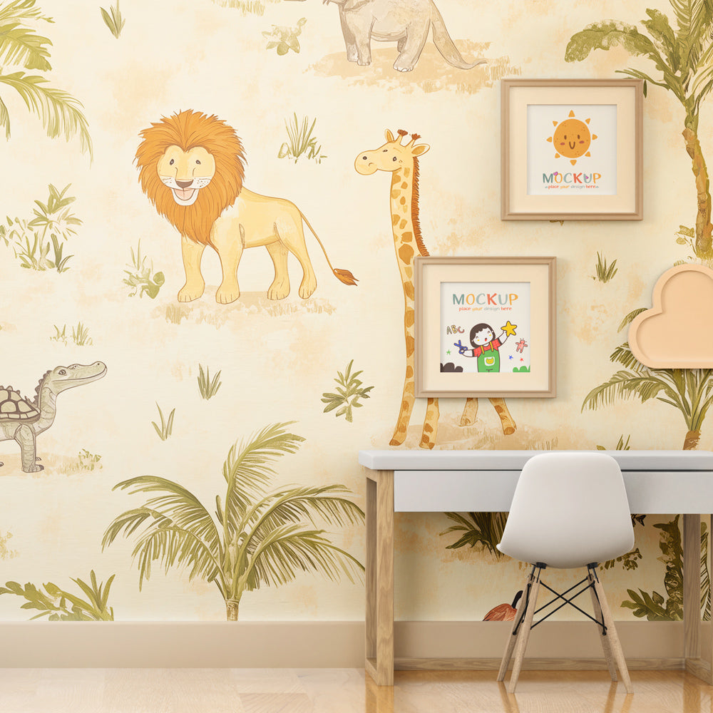 Beige safari wallpaper with exotic animals transforming children's bedroom into African wilderness adventure