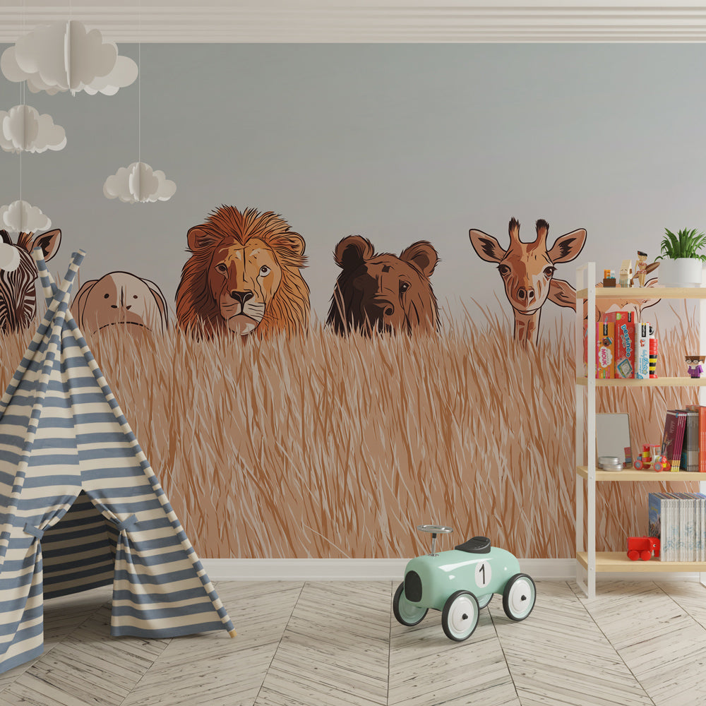 Colorful savanna mural wallpaper transforming children's bedroom into African adventure space