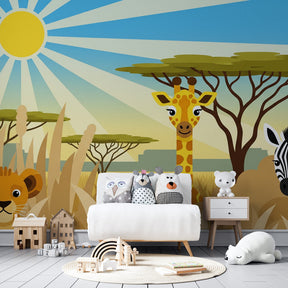 Colorful savanna wallpaper creating adventure theme in children's bedroom decor
