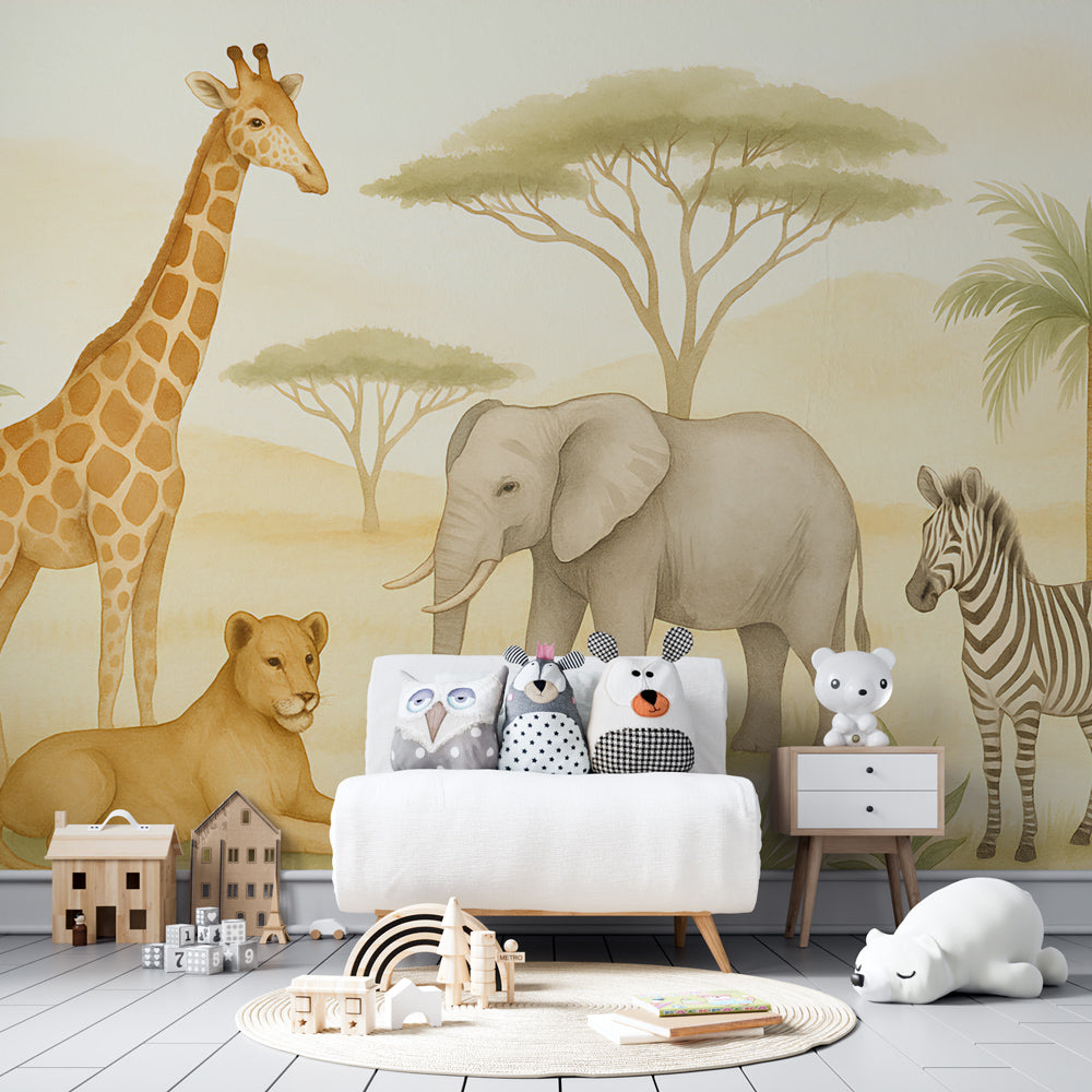 Pastel savanna animal wallpaper creating peaceful atmosphere in children's bedroom