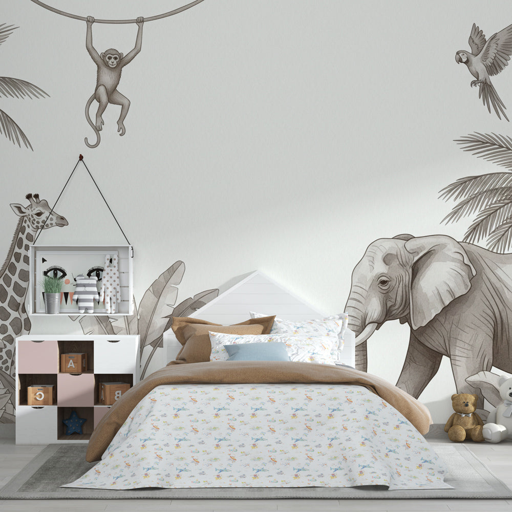 African savanna wallpaper creating adventurous kids bedroom decor with natural wood furniture
