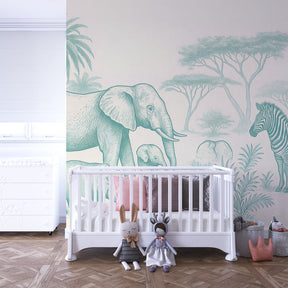 African safari wallpaper creating adventure-themed kids bedroom with elephant family scene