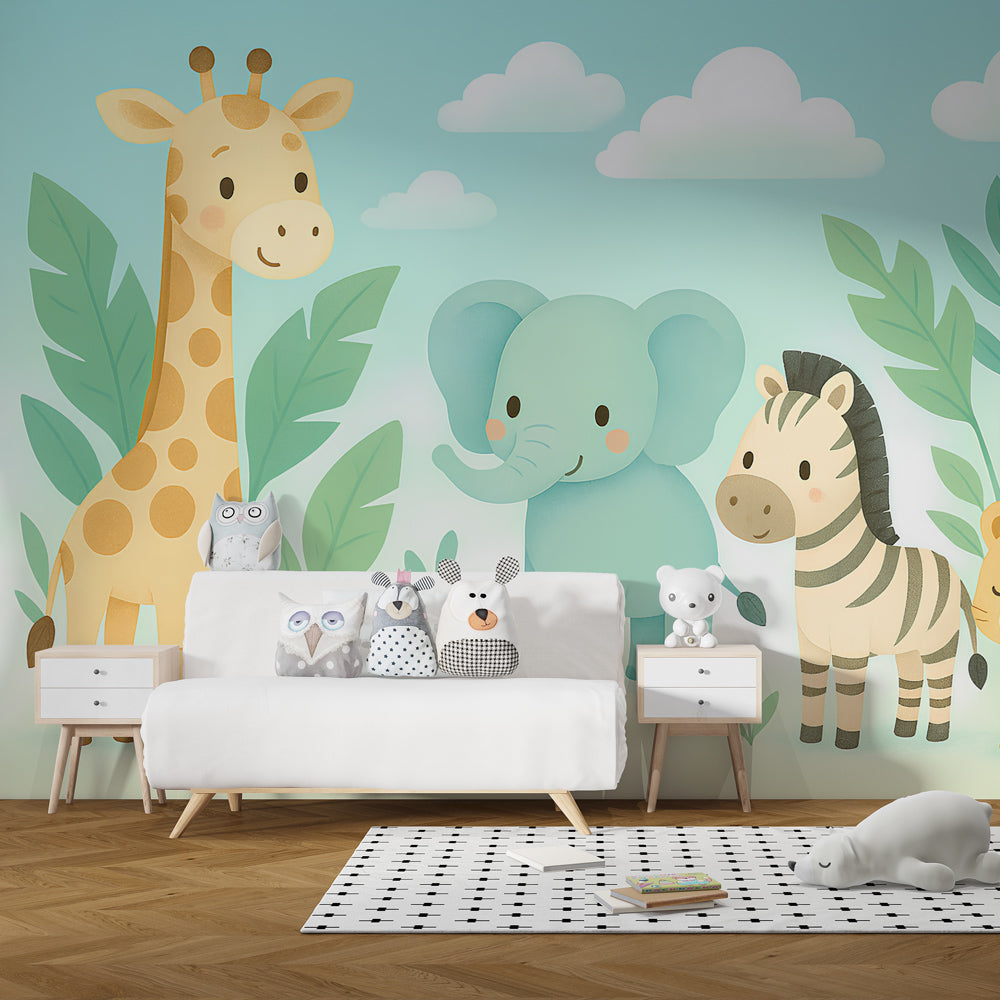 Jungle themed mural wallpaper transforming kids bedroom with playful safari animals
