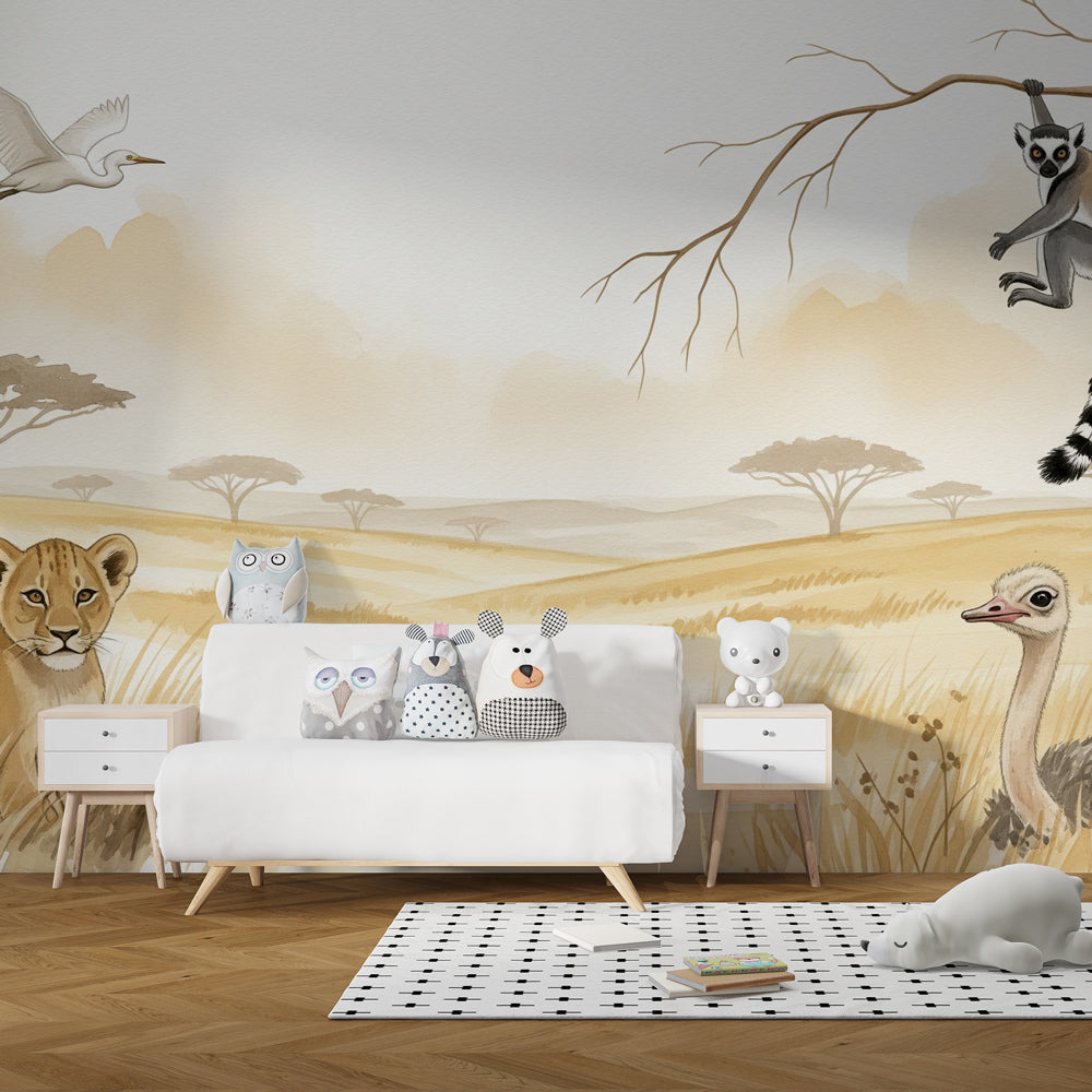 Safari themed mural wallpaper creating wild adventure atmosphere in children's bedroom