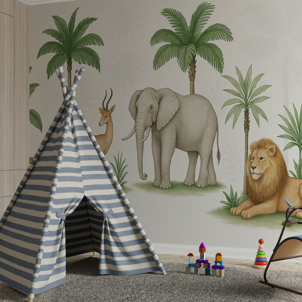 African wildlife mural wallpaper with elephant and lion decorating children's bedroom space