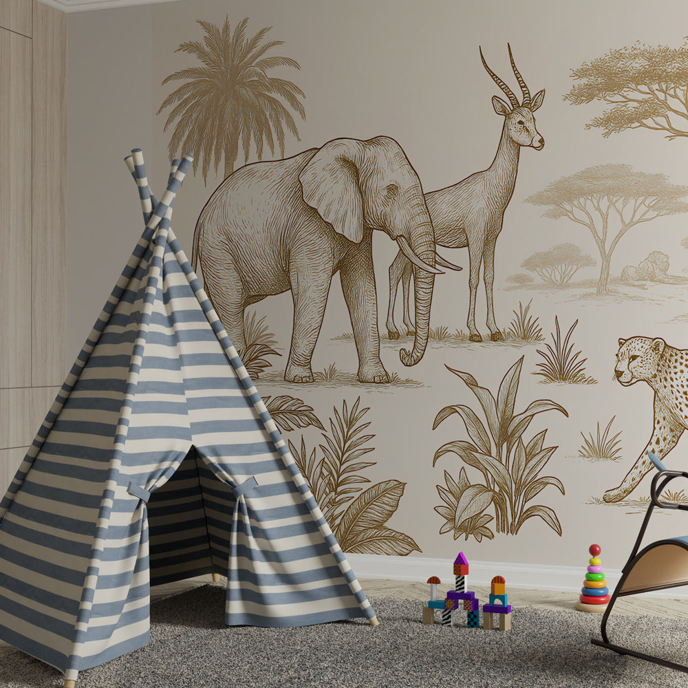 African wildlife wallpaper creating adventurous kids bedroom with natural wood furniture