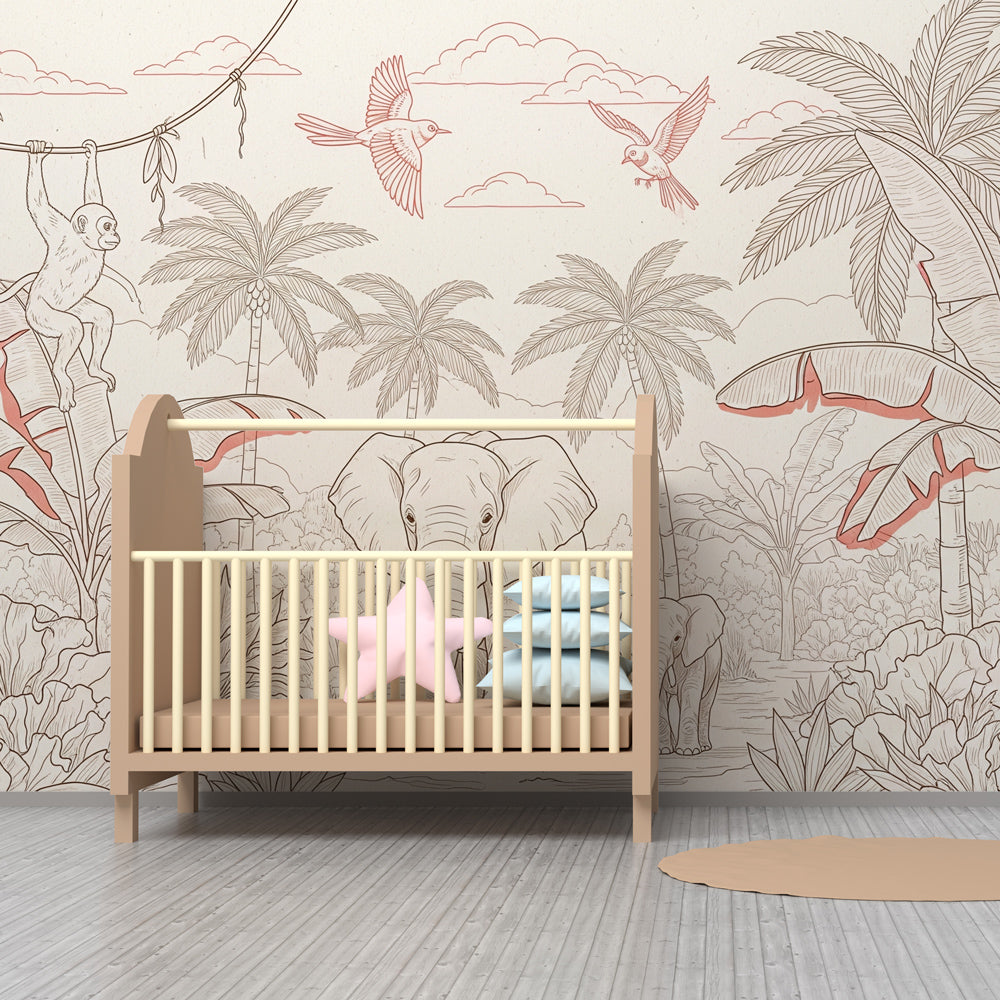 Tropical safari wallpaper creating adventure-themed kids bedroom with elephant and monkey design