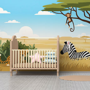 Playful savanna wallpaper creating adventurous kids bedroom with golden tones and wildlife theme