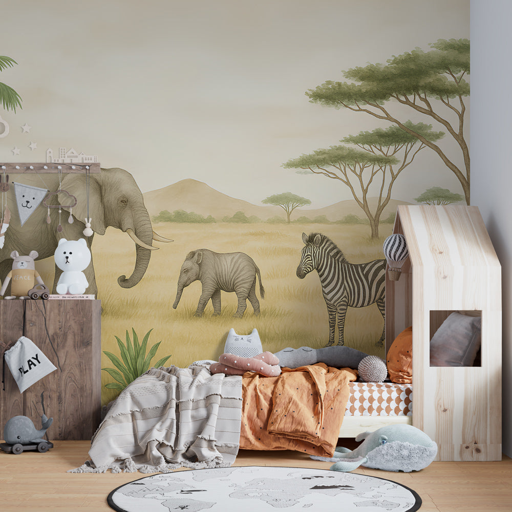 African savanna wallpaper creating adventurous children's bedroom atmosphere with natural wood furniture