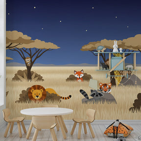 Safari animal wallpaper creating adventurous kids bedroom with panda and lion characters