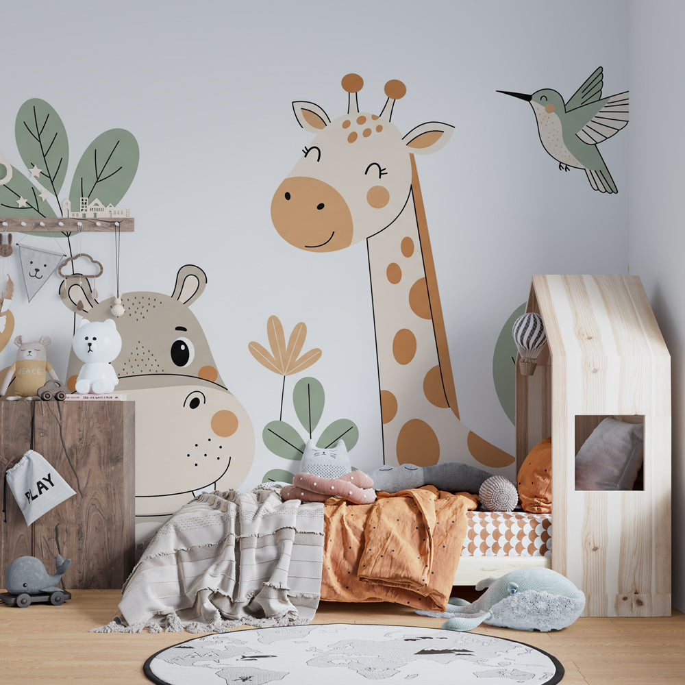 Happy hippo and giraffe wallpaper creating peaceful children's bedroom atmosphere