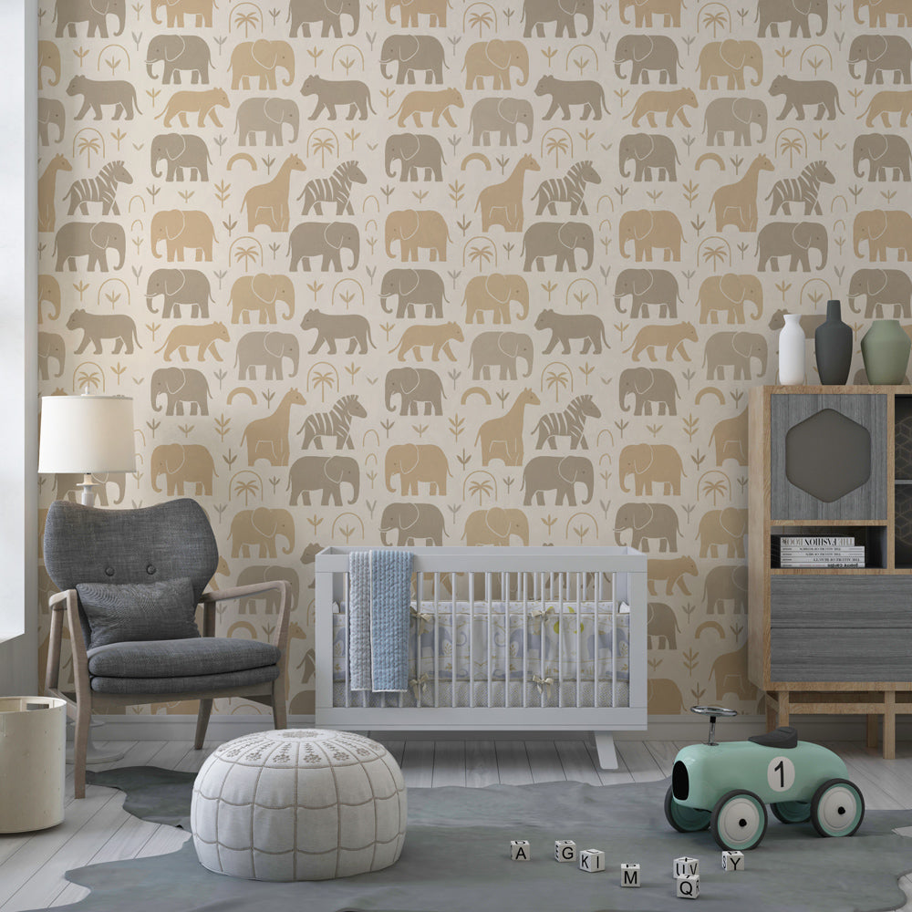Soft savanna animals wallpaper decorating modern kids bedroom in beige and gray tones