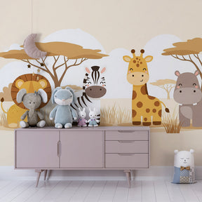 Children's bedroom featuring safari animals wallpaper with lion zebra giraffe and hippo by Kids-Mundo