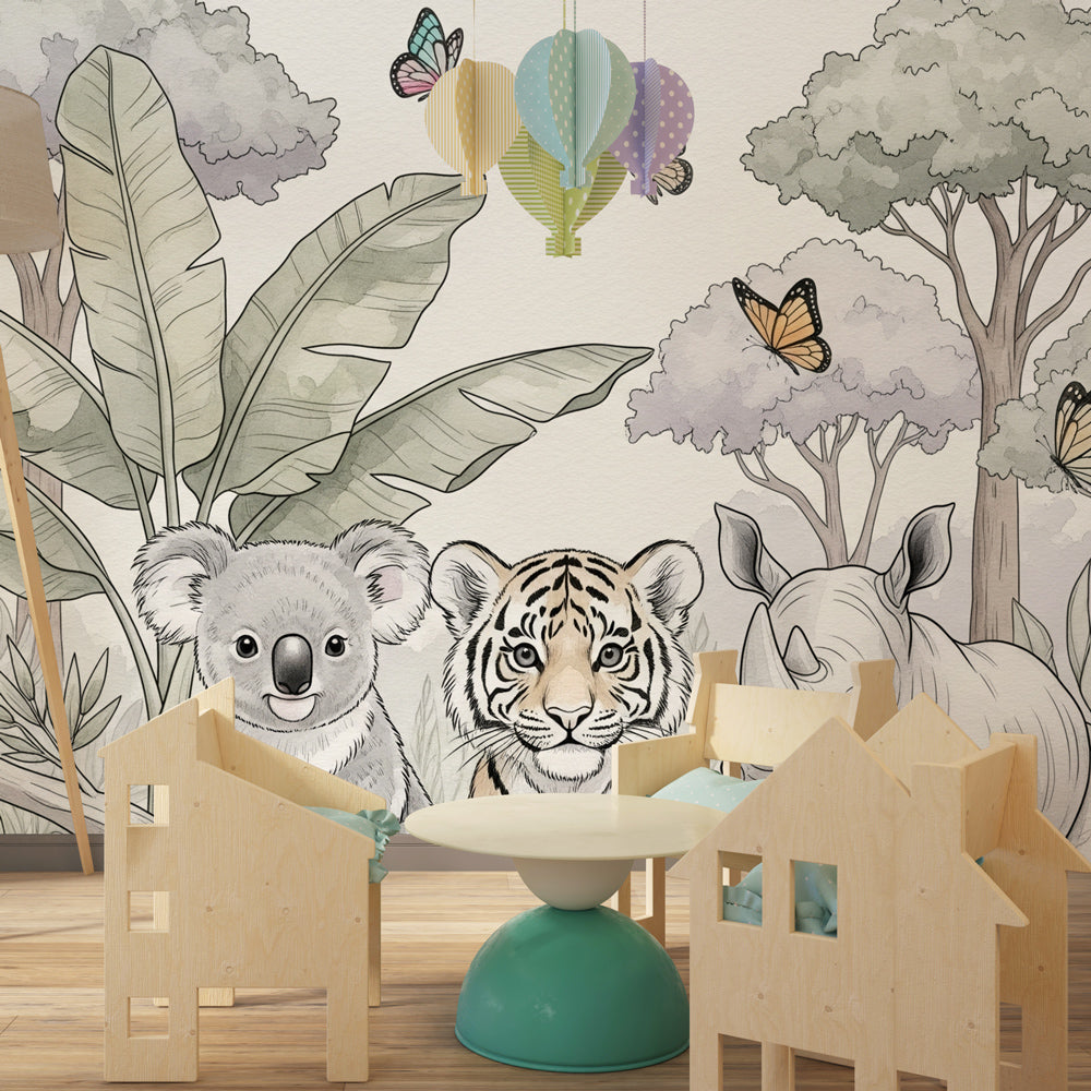 Wild nature adventure mural wallpaper creating educational kids bedroom with tropical jungle theme