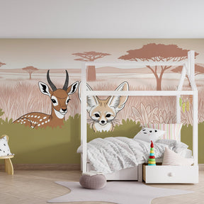 Hidden wildlife adventure mural wallpaper transforming kids bedroom with savanna landscape design