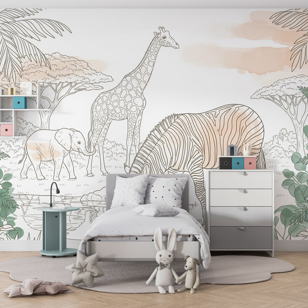 African savanna wallpaper creating adventure-themed kids bedroom with natural wood furniture
