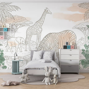 African savanna wallpaper creating adventure-themed kids bedroom with natural wood furniture
