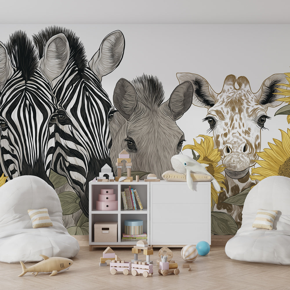 Children's bedroom featuring safari wildlife wallpaper with sunflowers and wooden furniture