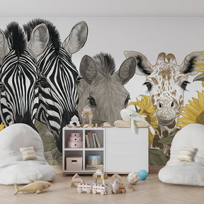 Children's bedroom featuring safari wildlife wallpaper with sunflowers and wooden furniture
