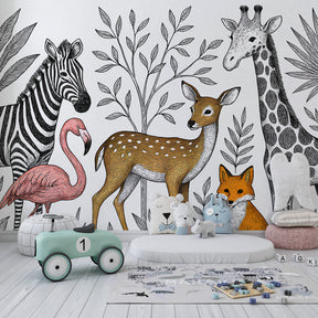 Savanna wildlife wallpaper featuring giraffe and zebra in modern kids bedroom setting