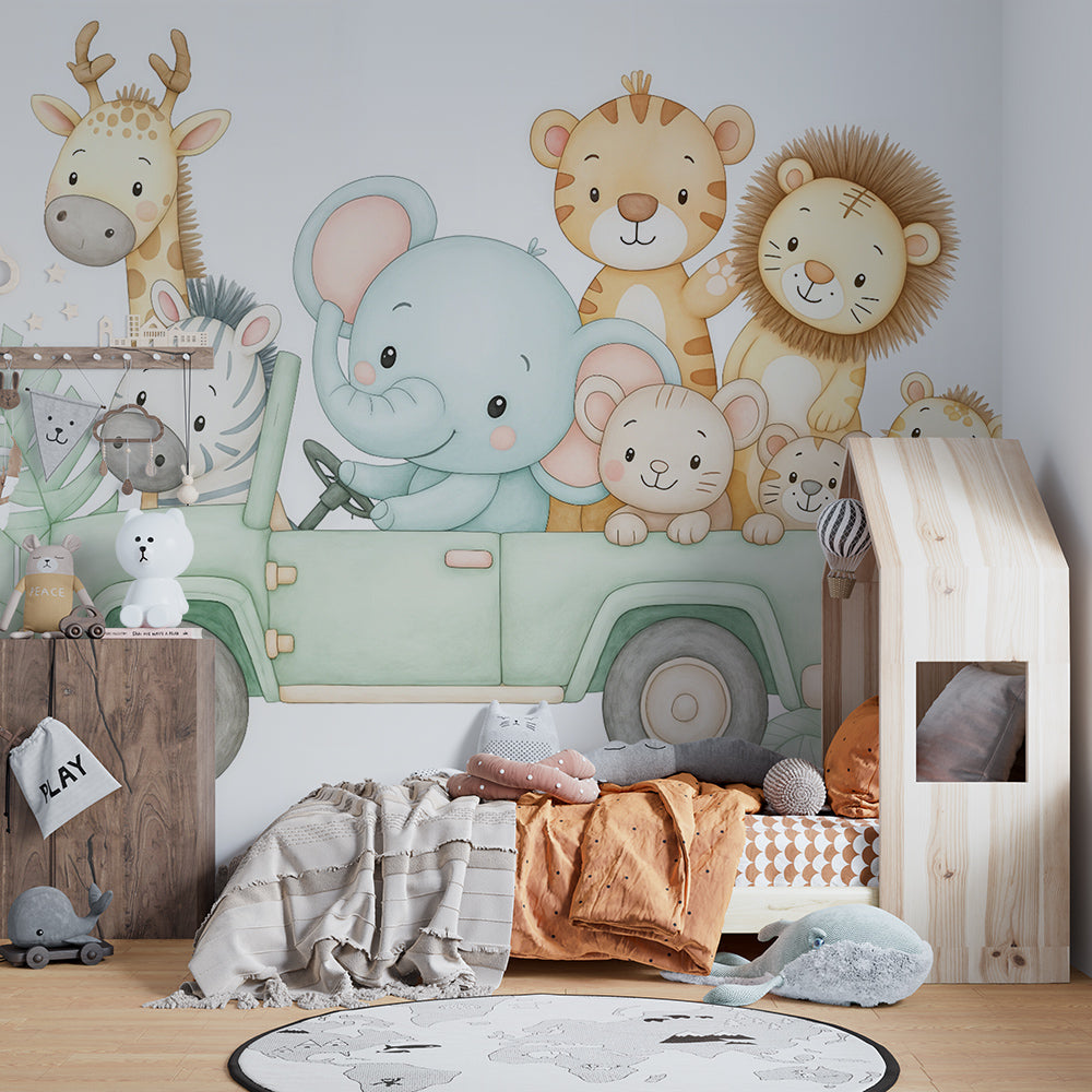Safari animal adventure wallpaper featuring elephant giraffe zebra in cozy kids bedroom setting