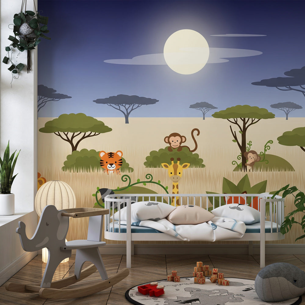 Colorful safari mural wallpaper in modern kids bedroom with animal theme decor and wooden furniture