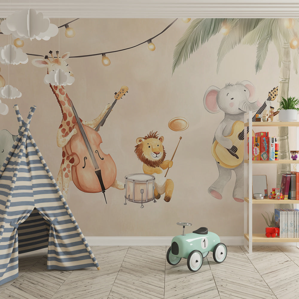 Musical safari wallpaper with palm trees in beige tones decorating children's bedroom space