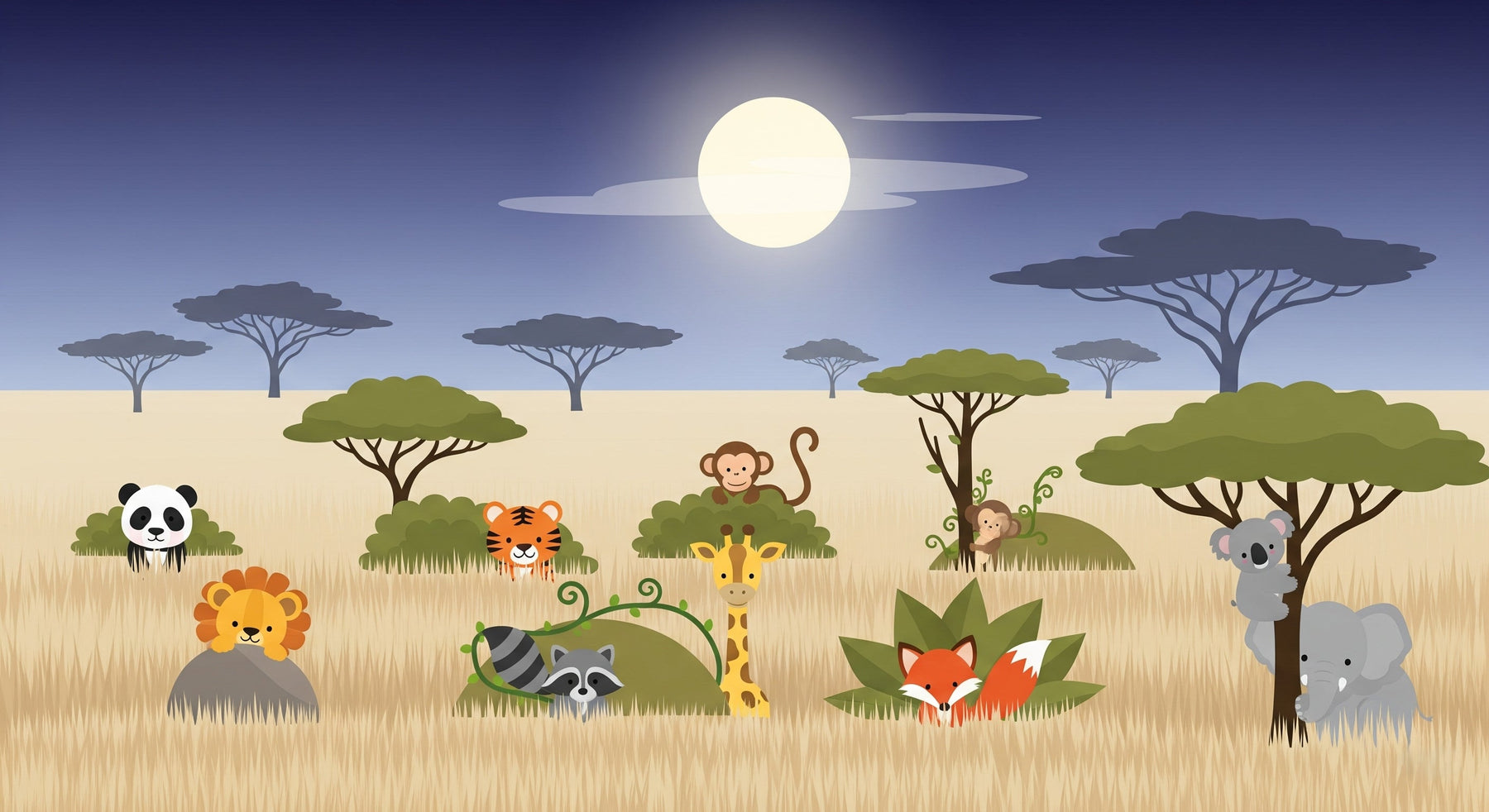 Detailed safari animals mural wallpaper design pattern featuring lions pandas tigers in golden savanna by Kids-Mundo