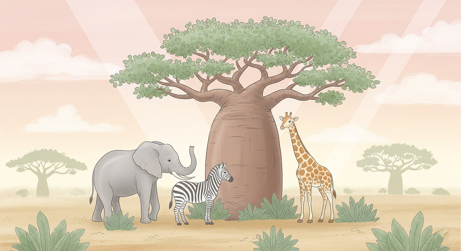 Detailed safari animals mural wallpaper design pattern with elephant zebra giraffe by Kids-Mundo