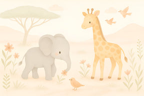 Detailed safari animals mural wallpaper design pattern with elephant giraffe and garden by Kids-Mundo